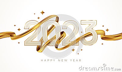 2023 New Year logo with golden paint brushstroke. New Year sign with golden ribbon. Vector. Vector Illustration